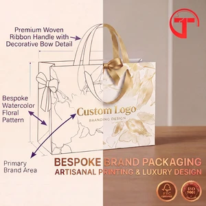 Recyclable Art Paper Custom Wedding Gift Bags With Matt Lamination White Leaf Design Wholesale