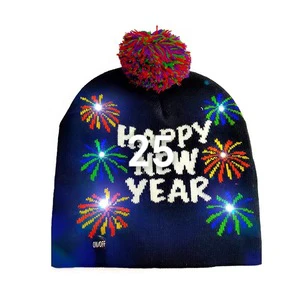 New Year Party LED Christmas Hat Customizable Size Santa Claus Knitted Beanie 100% Acrylic Luxury Eco-Friendly Party Decoration
