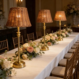 Outdoor and Indoor Wedding Lighting Set with Metal Touch Remote Control, Rechargeable Handmade Rattan Lampshade