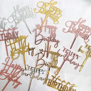 Happy Birthday Text Black Gold Cake Plug-in Topper Decoration with Heart Star Shape for Party Baking Supplies