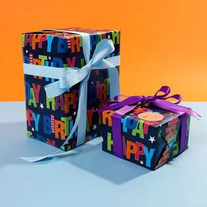 Colorful Lines Polka Dots Happy Birthday Art Paper Wrapping Paper with Dot Flowers