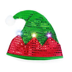Elf Hat with Jingle Bells Christmas Elf Hat with Lights Red Green Striped Sequin Holiday Party Costume Gift