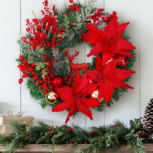 LINGKAI 40cm Pine Red Berry Bauble Poinsettia Reindeer Artificial Christmas Wreath For Indoor Outdoor Xmas Holiday Decor