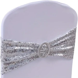 Silver Glitter Sparkling Sequins Chair Elastic Stretch Sashes for Wedding Chair Sashes Bow Belt for Wedding Banquet Party
