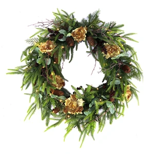 Handmade 22/24/30 Inch Christmas Wreath Garlands with Pine Cones Flowers LED Lights for Front Door Wedding Outdoor Decoration