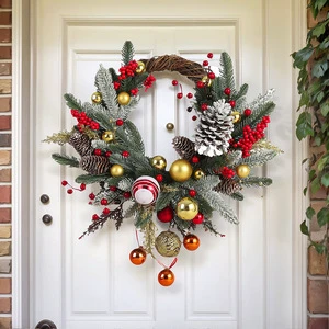 LINGKAI Artificial Eco-Friendly Christmas Half Ring Wall Hanging Wreath Bells Baubles Pinecones Plastic For Front Door Decor