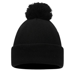Unisex Winter Sports Warm Black Beanie Pom Pom Wholesale Outdoor Knitted Acrylic Common Cuff Bobble Hat Travel Case Men