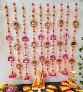 Lotus Pom Pom Bell Garland Ganpati, Navratri Backdrop String Wedding Decor Wall Hanging Diwali Wreaths Housewarming Decoration