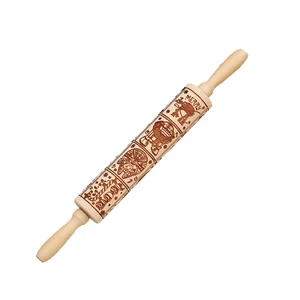 WDF Premium Wood Eco-friendly Dough Roller Christmas Multiple Patterns Embossing Gift Fondant Cookie DIY Baking Tool Rolling Pin
