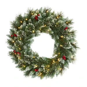 Customizable 24IN 60CM Hot Sale Prelit LED Frosted Pine & Berry Handmade Artificial Snowy Wreath for Door Window Hanging Decor