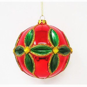 Factory Wholesale Christmas Tree Hanging Ornaments Small Red Background with Green Flower Pattern Orb Ornaments