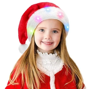 LED Christmas Santa Hat for Children, Thicken Soft Velvet Comfort Classic Santa Claus Hat for New Year Party Headwear Holiday