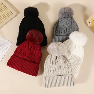 Outdoor Customized Warm Thickened Fleece-Lined Knitted Beanie Fur Pompom Dome Top Unisex Casual Cold-Weather Adult Hat Common