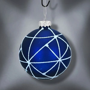 Matte Dark Blue Glass Christmas Ball Ornaments with Glitter Geometric Lines, Hanging Decorations for Christmas Tree