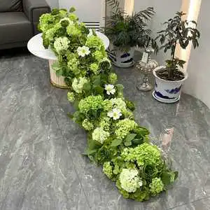 Modern Artificial Silk Green Hydrangea Mixed Flower Customizable Length Long Table Runner for Wedding Banquet Hall-UV Resistant