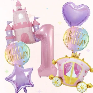 7pcs/set Happy Birthday Castle Balloon 32 Inch Pink Number Foil Balloons Set for Baby Shower Princess-Themed Parties Decorations