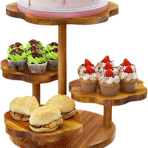 4 Tier Acacia Wood Round Folk Art Cupcake Tower Stand Tiered Tray Decor Cupcake Display