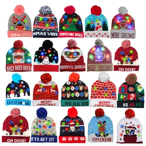 New Year LED Light-Up Santa Hat Knitted Christmas Beanie Cap with Party Supplies for Adults Christmas Hat Gift for Parties