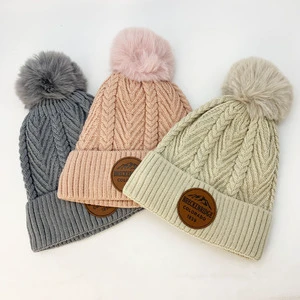 Wholesale Thermal Wool Fleece Lined Knitted Designer Custom Logo Fisherman Skull Caps Winter Hats Pom Pom Beanies