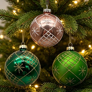 Green / Pink Glass Christmas Ball Ornaments, Glitter Diamond Lattice & Snowflake Pattern, Christmas Tree Holiday Decorations