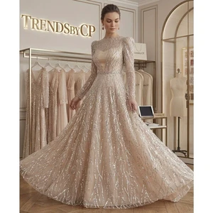 TrendsbyCP Luxury Champagne Sequin Asymmetrical Geometric Evening Gown O-Neck A-Line Silhouette Handmade Embroidery Sleeve
