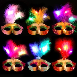 New LED Party Mask With Feather for Party Wedding Props Gold Shinny Masquerade Mardi Gras Masks Promotion Costume Cosplay Item