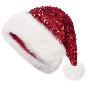 Cross-border Christmas Sequined Double-layer Santa Hat Festive Holiday Decor Shanghai Style Long-pile Plush Polyester Christmas