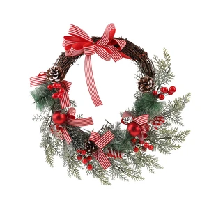 Artificial Christmas Wreath With Red Bow Pine Cone Berry Decoration For Front Door Rustic Holiday Home Decor Wholesale OEM
