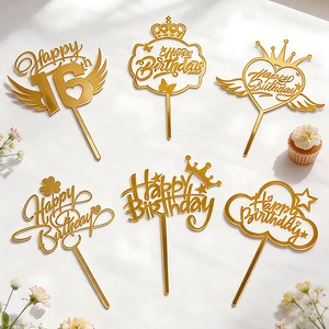 10/Pack Happy Birthday Cake Topper Mirrored Gold Acrylic Cake Topper for Birthday Party Decoration Supplies