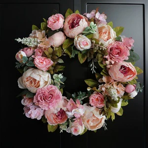 Hot Selling Decorative Flowers Wreaths Artificial Flowers 45cm Pink Peony Wreath Summer Front Door Wreaths for Home Decoration