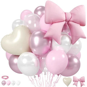 Sweet Pink Cream Balloon Garland Set Bow Love Heart Foil Balloons Baby Girl Shower Wedding Birthday Party Decoration Supplies