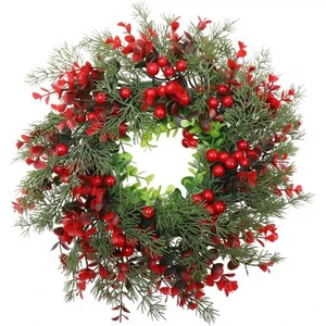 American-style Artificial Red Berry Christmas Decorative Wreath with Bow Eucalyptus Wreath Door Hanging Holly Berries