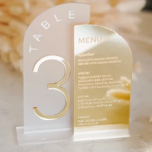 Customized Durable Acrylic Arched Frosted Gold Mirror Wedding Table Numbers with Menu Sign UV/Silk Screen Printed