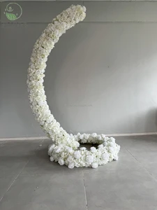 Curved Hanging Wedding Arch with Iron/Silk Simulated Flowers and Chandelier Display 6-7ft Height for Event Decoration