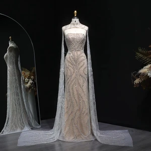 Jancember LSZ663 Beautiful Pearl Sequined Evening Mermaid Slim Party Dress with Cape Sleeve