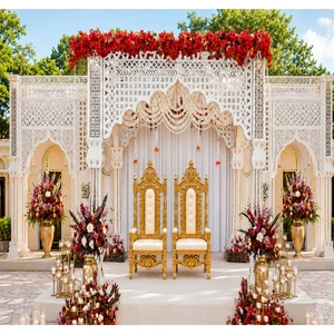 Luxury White Wooden Wedding Arch with Red Floral Decor and Chair Set Stunning Mirror Mosaic Arches for Perfect Dreamy Backdrop
