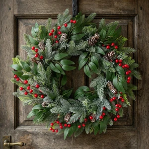 LINGKAI 50cm Green Leaf Red Berry Pinecone Artificial Christmas Front Door Wreath For Xmas Wall Hanging Decor