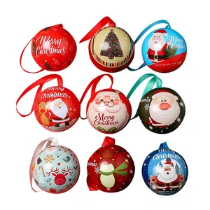 Christmas Decorations Tinplate Round Ball With Ribbon Metal Container Candy Jar Promotional Gift Custom Christmas Tin Ball