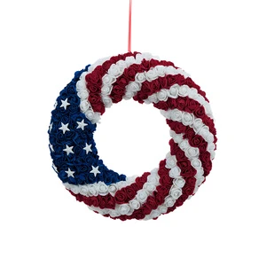 Modern American Independence Day Wreath Handmade Plastic Foam Flowers Flag Christmas Home Decoration Ornament Hanging Ring Unlit