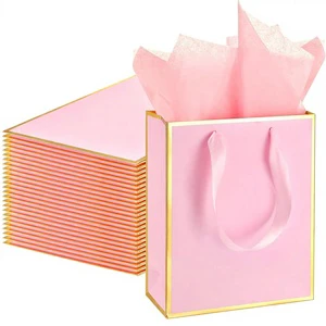 24 Pack Customizable Metallic Paper Gift Bags Hand Length Handle Gold Foil Tissue 9x7x3.1 (Pink Gold)-Wedding Graduation