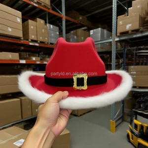 Red and White Plain Feathers Santa Claus Belt Christmas Cowboy Hat for Outdoor Travel Parties Celebrations