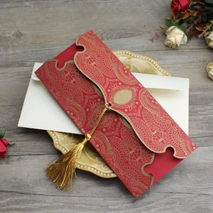 Cheap Design Gold Red Nepali Paper Pocket Fold Marriage Invitation Design Wedding Cards with Tissue Birthday Invitation Cards