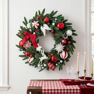 Artificial Christmas Wreath With Pine Branch Red Ball Bow Snowflake Decoration For Front Door Home Holiday Decor Wholesale OEM