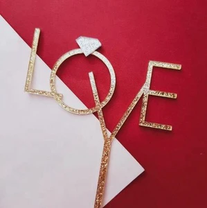 Rustic Romantic Engagement Cake Topper Acrylic Mirror Gold Wedding Cake Decoration LOVE Wedding Cake Topper