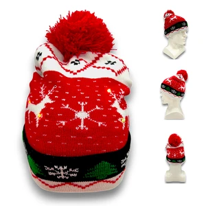 Christmas Knit Pom Pom Hat Factory Wholesale Holiday Beanie with Reindeer Snowflake for Winter Party Use LED Light up Beanie