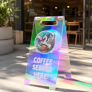 Wholesale Custom Holographic Acrylic A Frame Sign Iridescent Folding Pavement Advertising Board For Cafe Retail Store MOQ 10 PCS