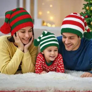 Unisex Hand-Knitted Christmas Hat Red/Green Striped Acrylic-cotton Blend with Button Long Tail-Great Gift Xmas Decorations