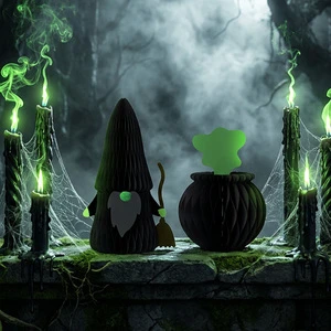 Rainbowbear 2Pcs Halloween Honeycomb Paper Witch Gnome Poison Cauldron Set Foldable 3D Witch Figurines Ornament Party Decor