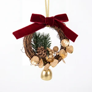 Artificial Christmas Hanging Wreath With Red Velvet Bow Pine Cone Bell Decoration For Door Wall Tree Holiday Home Decor