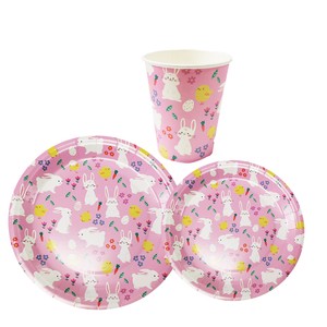 LR 24Pcs Pink Easter Rabbit Printed Tableware Set Paper Plates and Hot Beverage Cups for Festive Party Table Decoration Supplies